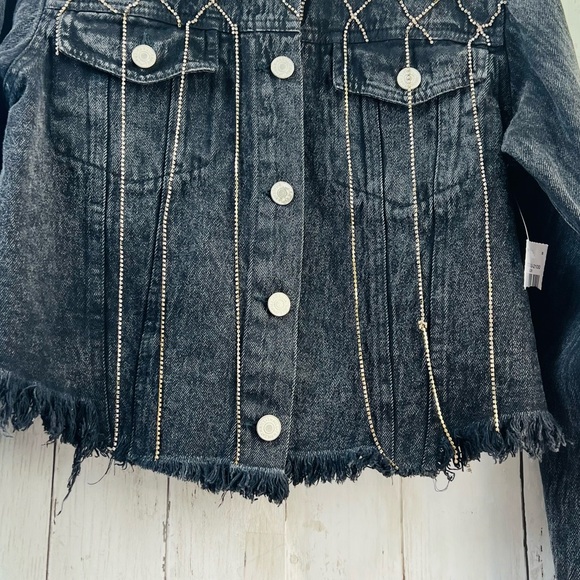 Thrill Jeans Y2K Women's Dark Gray Rhinestone Tassels Cropped Denim Jacket Large - Picture 5 of 15